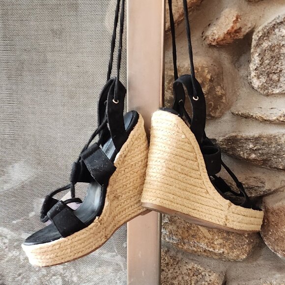 Forever 21 Black Suede Wedge Espadrille Sandals Size 7 - Picture 2 of 16